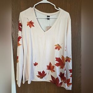 Emery Rose Cream Autumn Leaf Long Sleeve Top